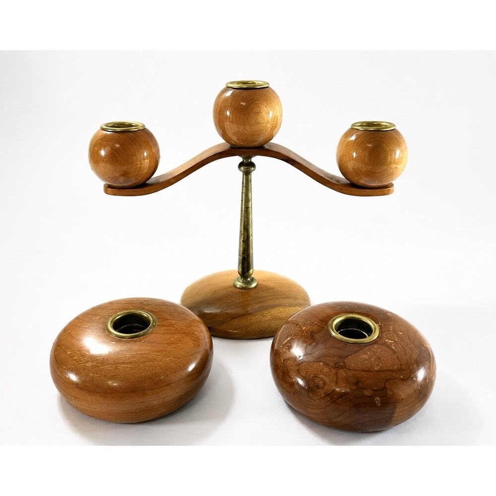 MCM Myrtlewood Candle Holder Set Oregon Myrtle Craft Studios 3 Arm + 2 Single - Picture 2 of 9